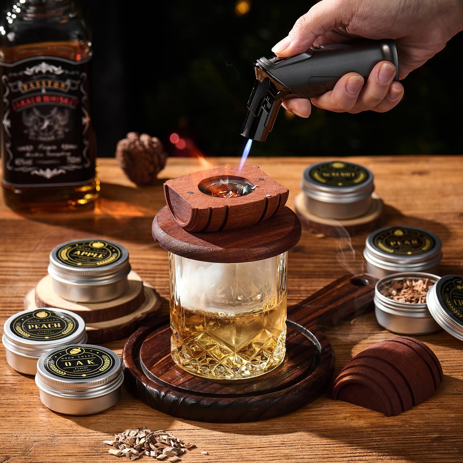 Набор для копчения виски ComboJoy с горелкой, 6 вкусов щепы, 2 стакана, 2 формы для льда, фото №2