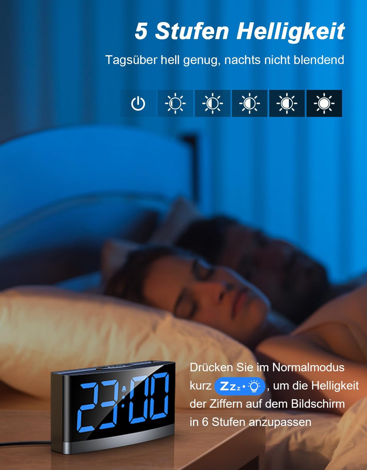 Цифровой будильник Rolgno, настольные часы, синий LED, 5 уровней яркости, ночной режим, 3 тона будильника, 5 уровней громкости, 12/24 ч, питание от USB, фото №3