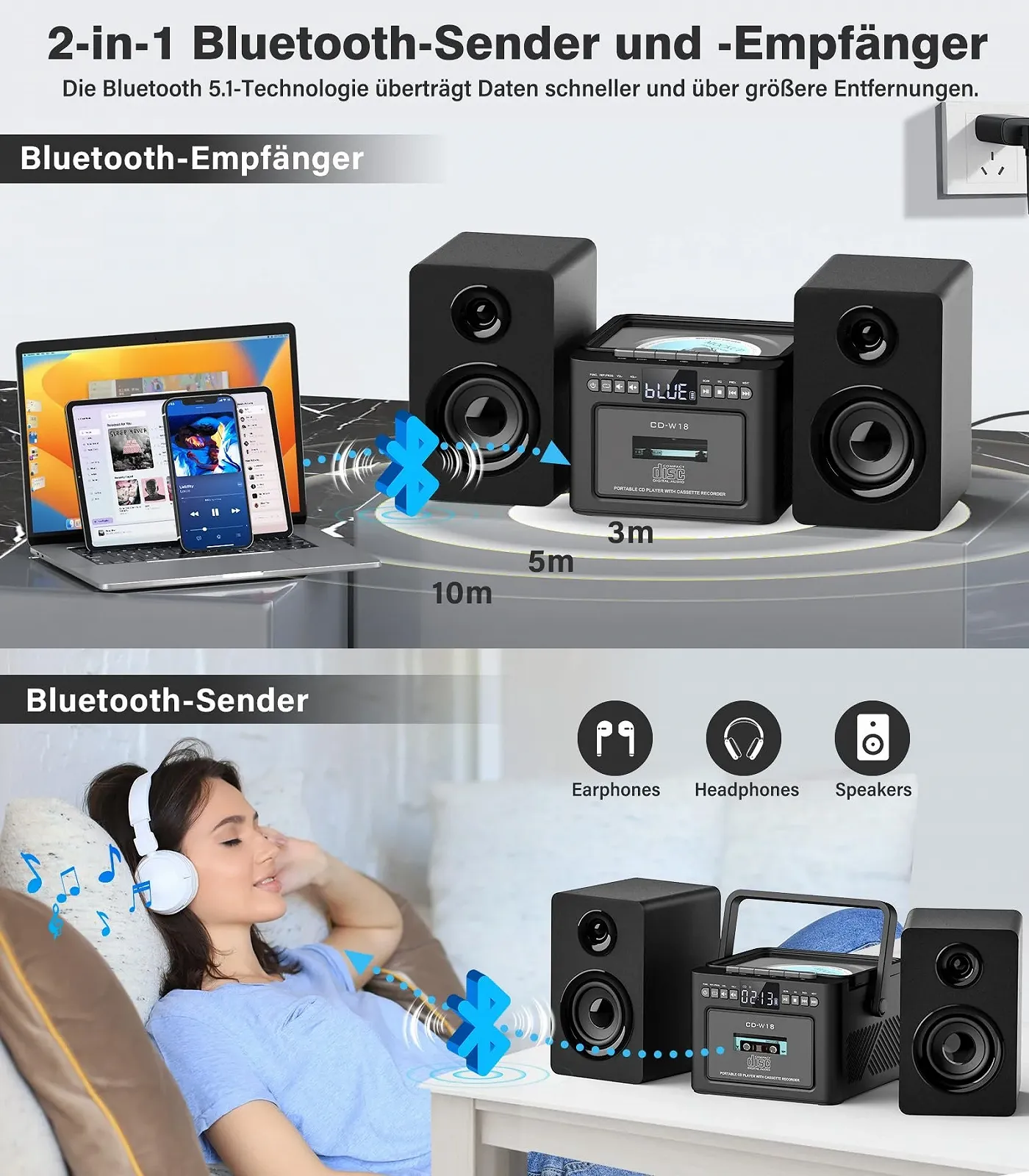 Стереосистема Greadio с CD-плеером и кассетным магнитофоном, динамик 40 Вт, Bluetooth 5.1, компактная с FM-радио/USB/TF/AUX/дистанционным управлением, HiFi музыкальная система Черный, фото №5