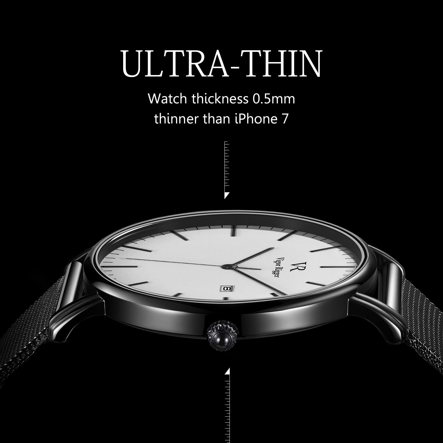 Vigor Rigger Чоловічі та жіночі годинники Ультратонкі годинники з датою, сітчастий ремінець з нержавіючої сталі / шкіряний ремінець, фото №5