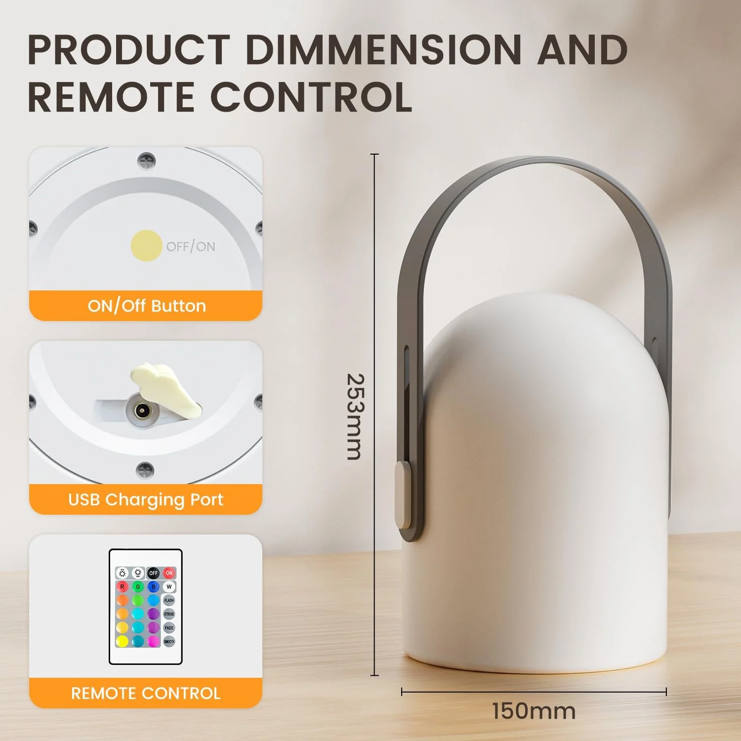 Світлодіодна настільна лампа gabless Бездротова з пультом ДК 16 кольорів IP44 1800 мАг Сіра, фото №6