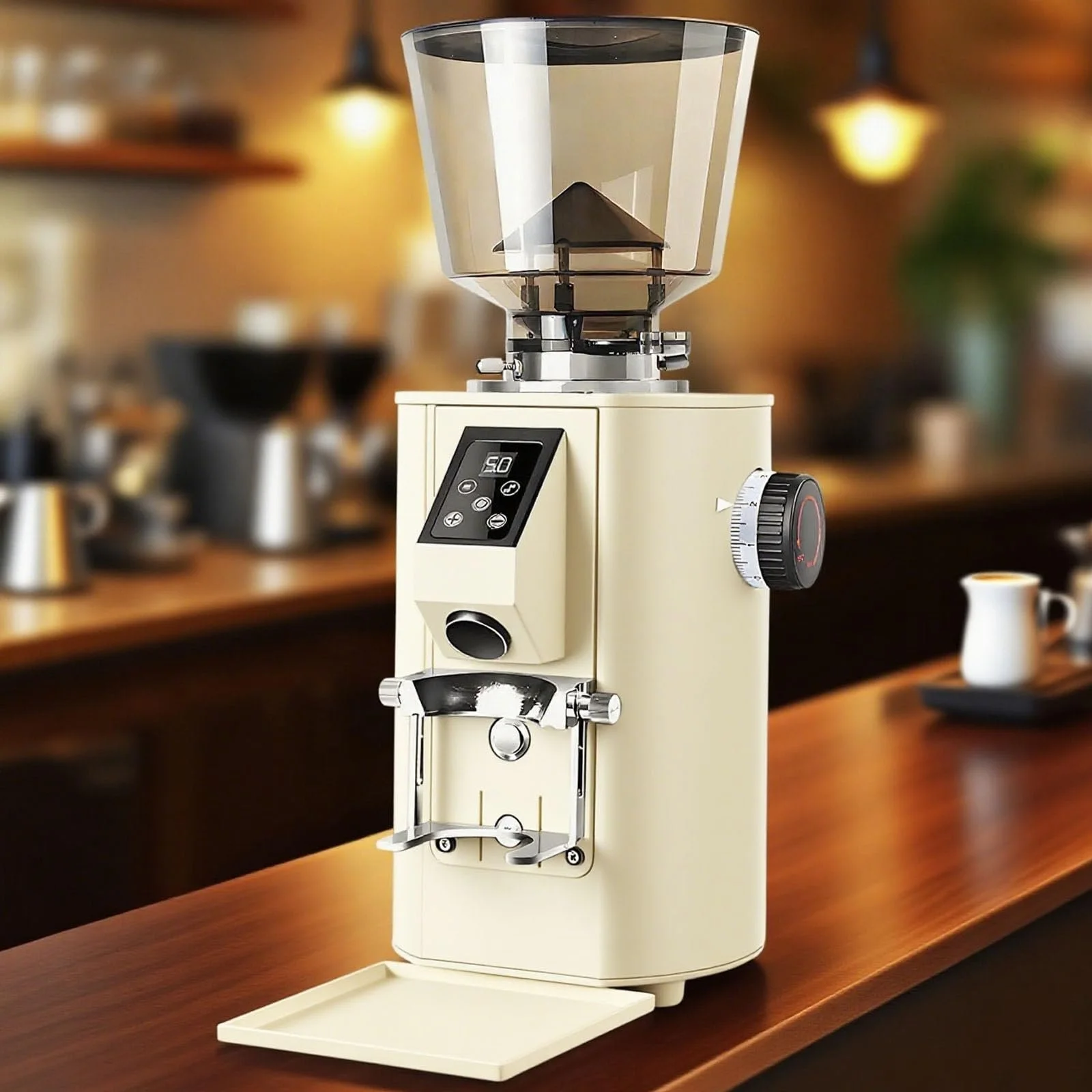 Коммерческая кофемолка, 350 Вт кофемолка с плоскими жерновами и 9 точными настройками / LED-экраном, эспрессо-кофемолка с контейнером для зерен 450 г/двойной дозировкой, бежевая, фото №1
