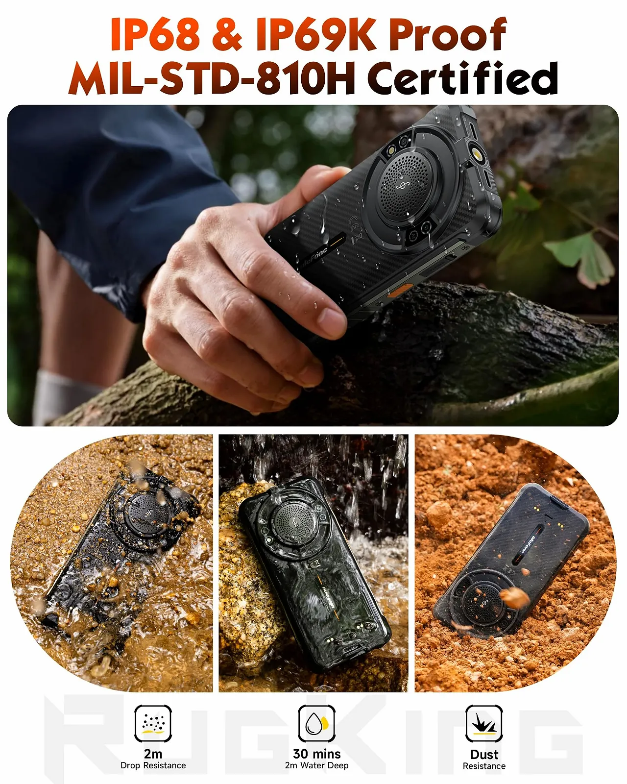 Смартфон Ulefone RugKing 9600mAh 126dB 16GB + 128GB IP68K 50MP 5.99" 3-SIM Android 15, фото №3