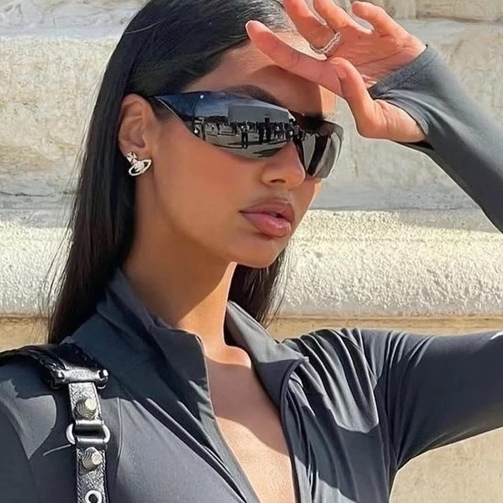 Сонцезахисні окуляри YAMEIZE Wraparound Y2K Без оправи Оверсайз UV400, фото №2