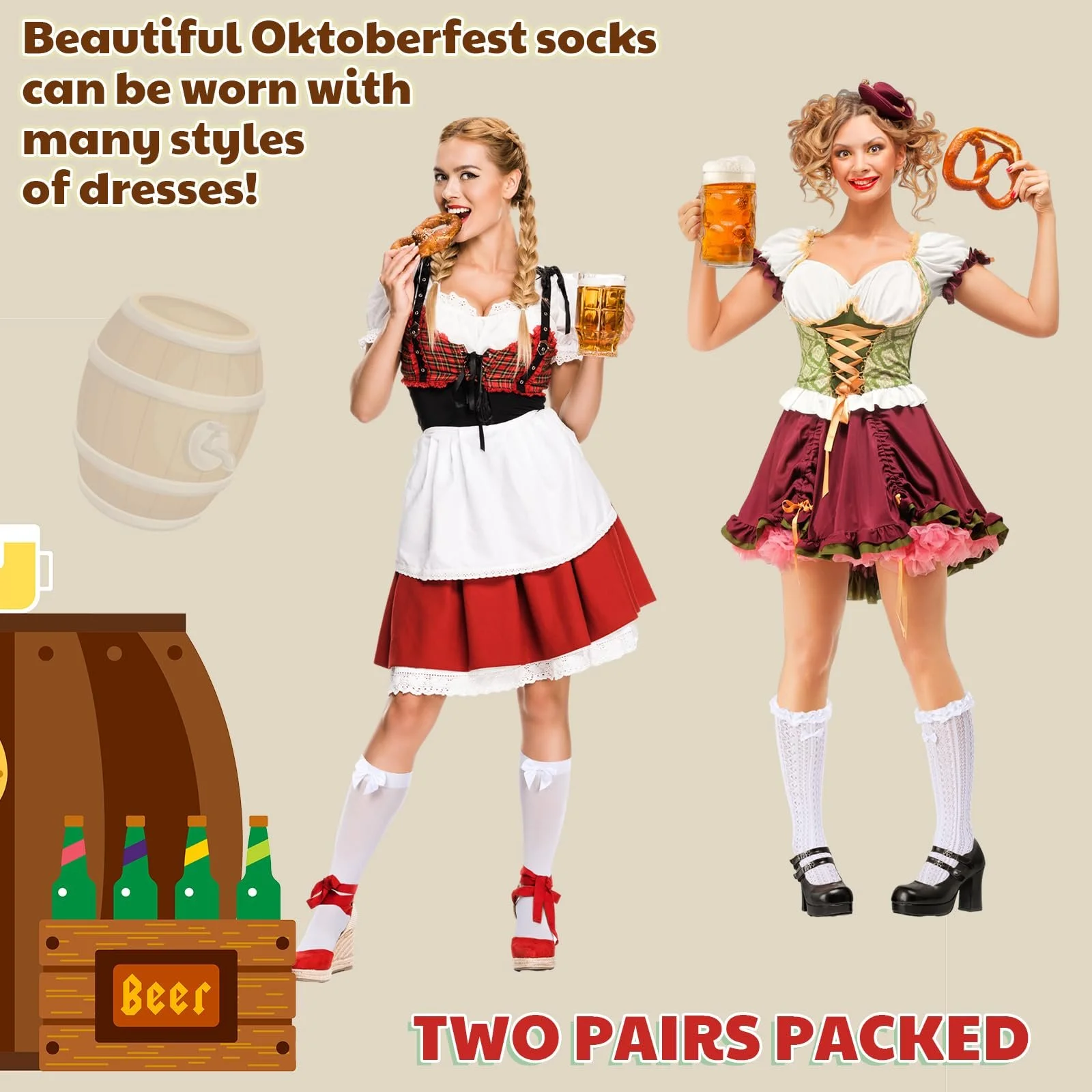 Sintege 2 пары костюмных носков женских Дирндль чулки с бантами и кружевной отделкой Белые костюмные гольфы выше колен, фото №4 Sintege 2 пары костюмных носков женских Дирндль чулки с бантами и кружевной отделкой Белые костюмные гольфы выше колен, фото №4