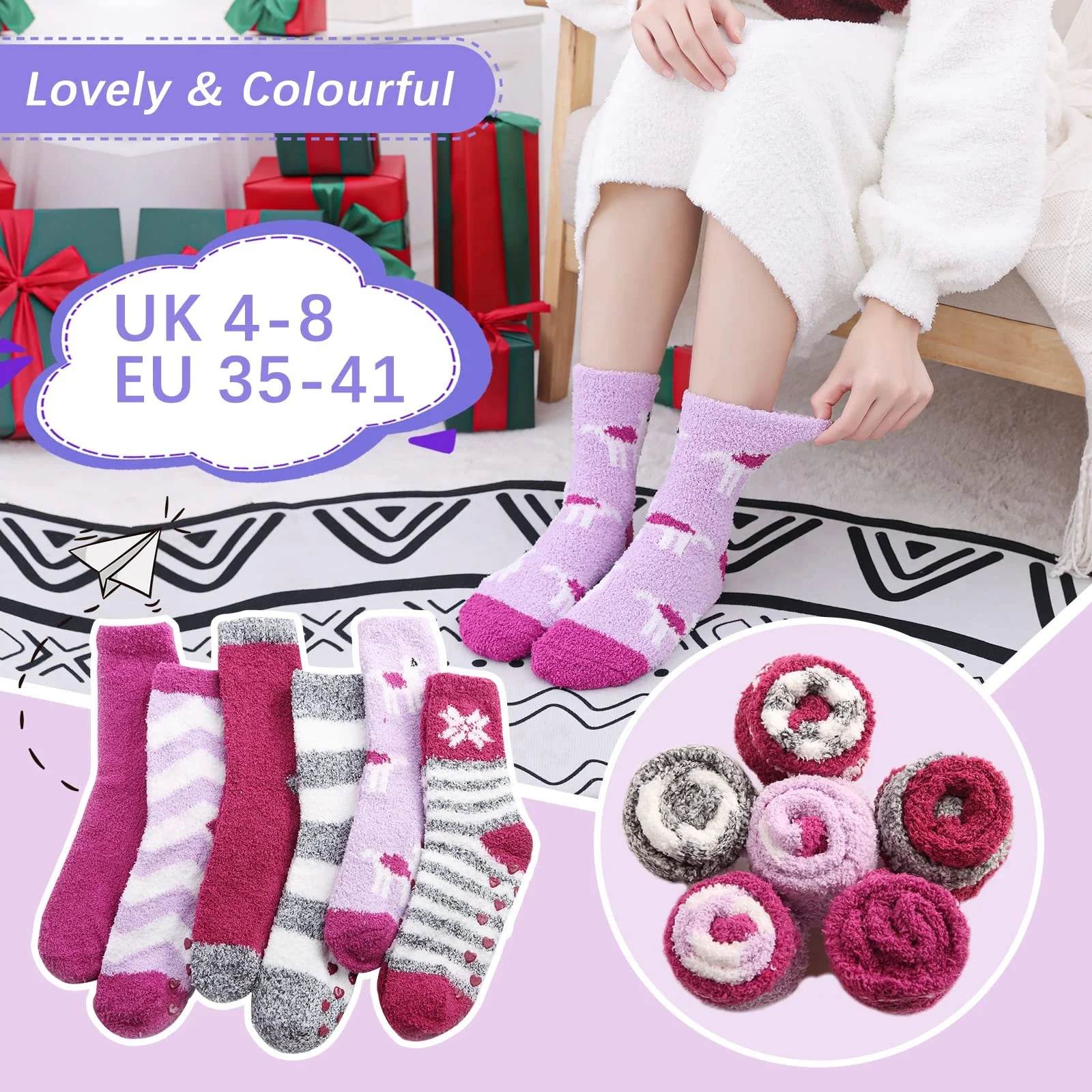 Носки Cuddly Stopper Женские Пушистые Зимние Носки Теплые Носки-тапочки Носки для кровати Домашние Носки, 6 пар фиолетовые, Универсальный размер, фото №4