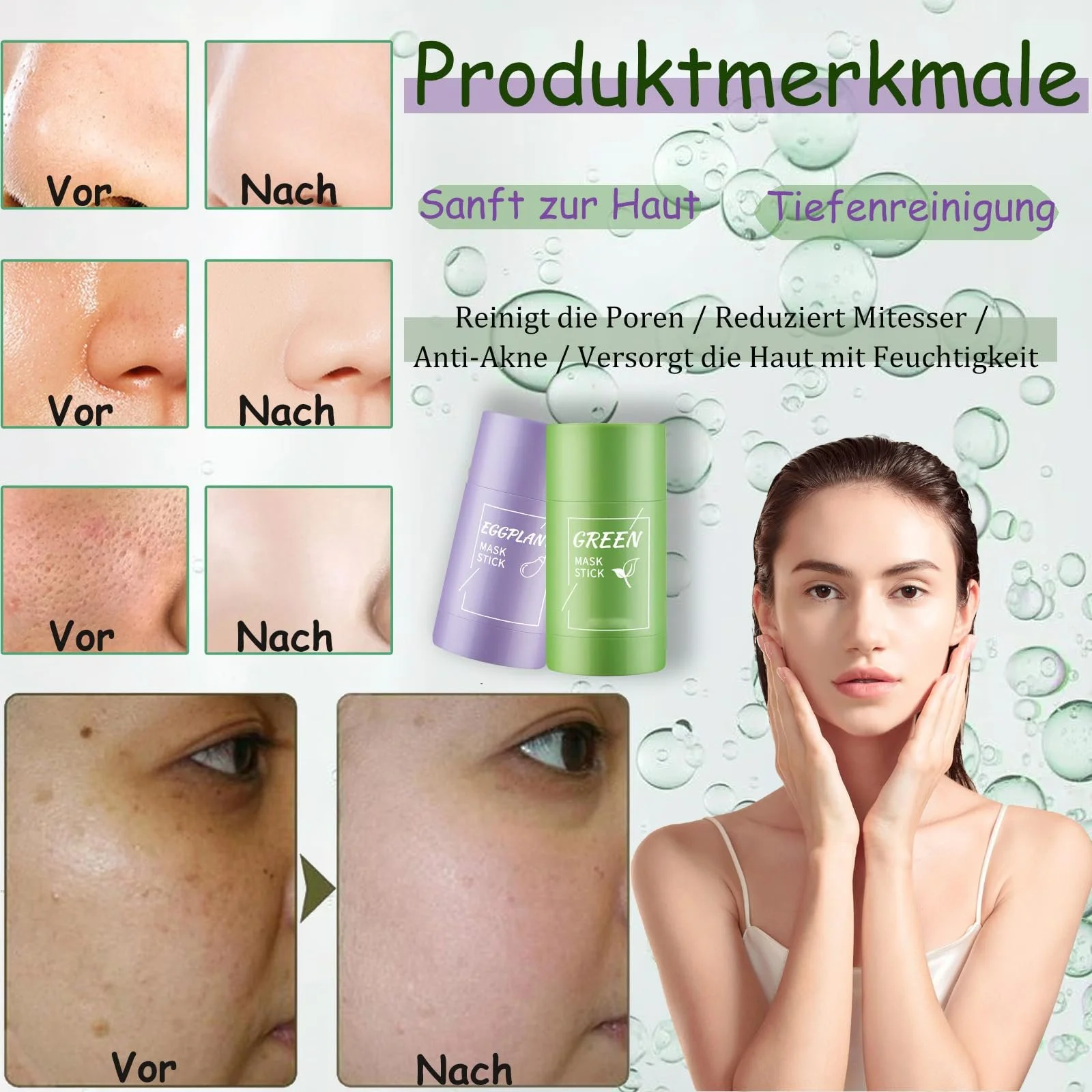 Маска-стік Soleneva Green, Баклажан та Зелений Чай Очищуюча, 2 шт, фото №6