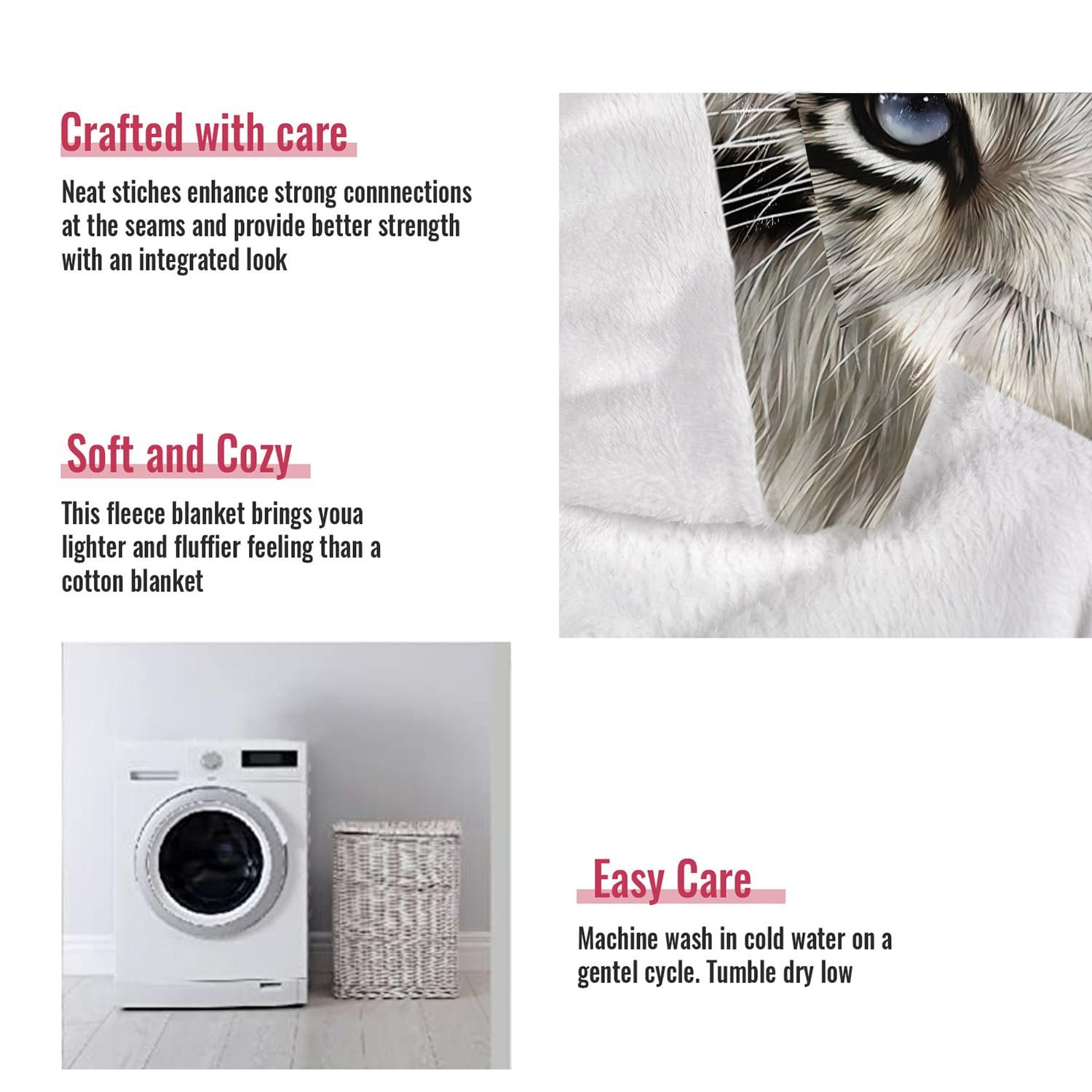 Покривало YISUMEI Фланель М'яка Білий Тигр, 150 x 200 см, фото №6 Покривало YISUMEI Фланель М'яка Білий Тигр, 150 x 200 см, фото №6