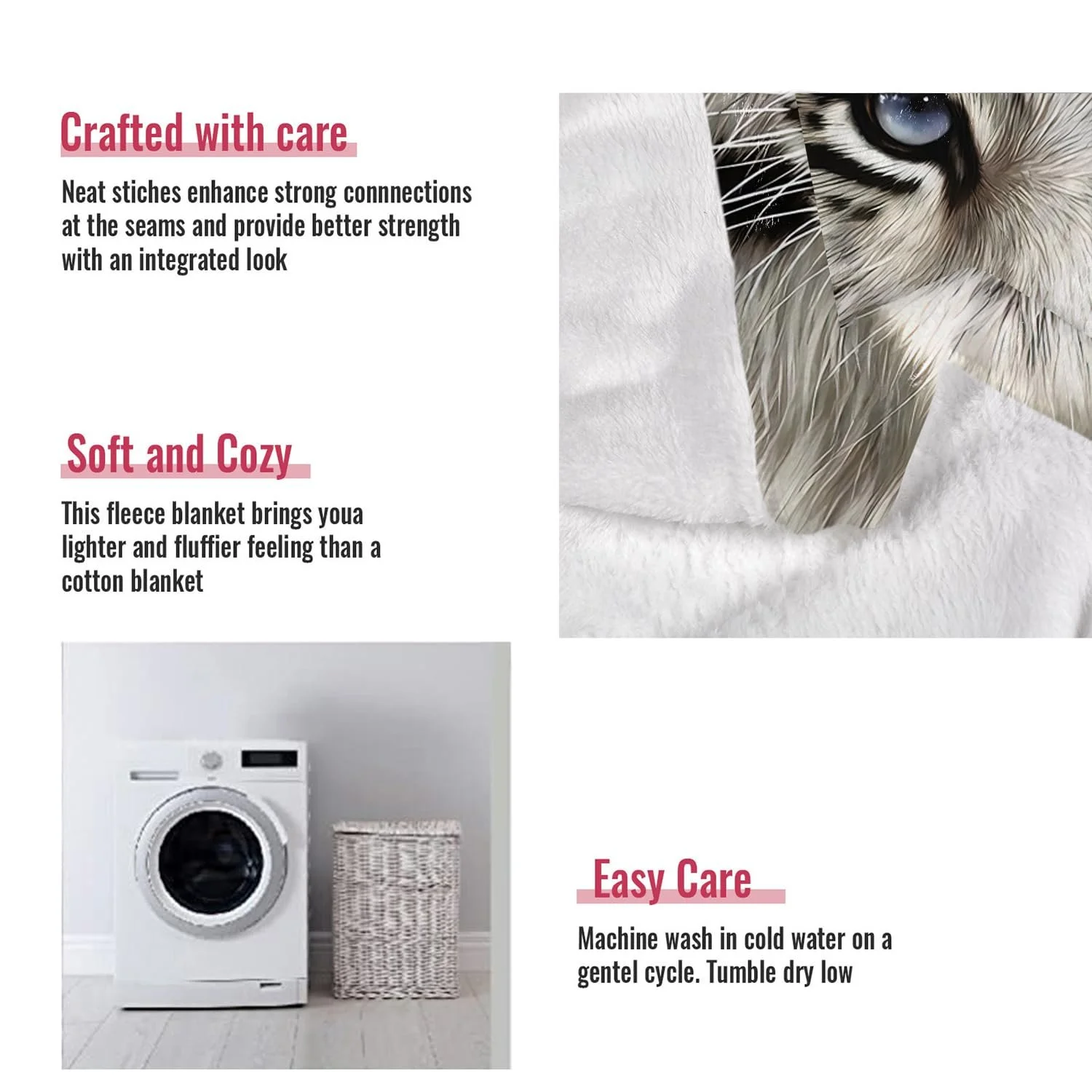 Покривало YISUMEI Фланель М'яка Білий Тигр, 150 x 200 см, фото №6