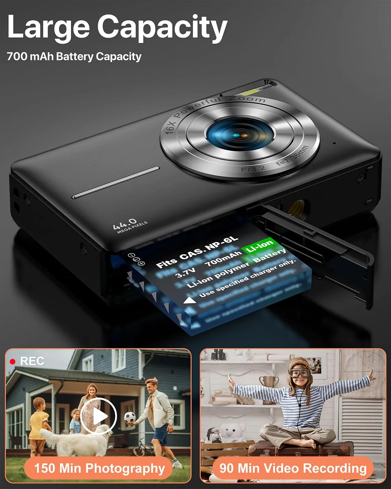 Цифровий компактний фотоапарат 1080P 44MP 2.4" LCD 16x Zoom 32GB Чорний, фото №5