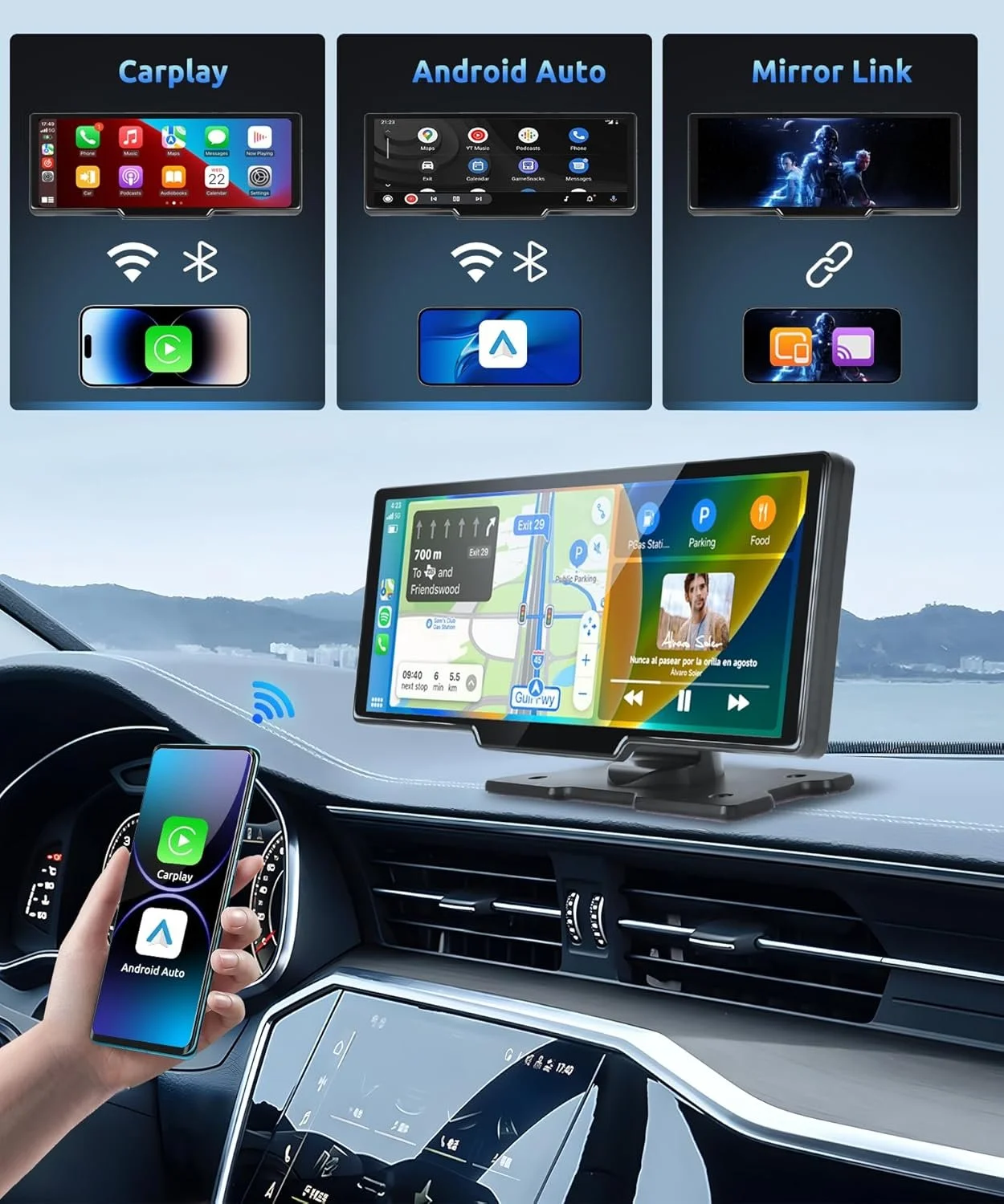 Автомагнітола Podofo A3073 / 9.3" / Сенсорна / Apple CarPlay / Android Auto / Bluetooth / GPS / USB / AUX / TF slot, фото №2