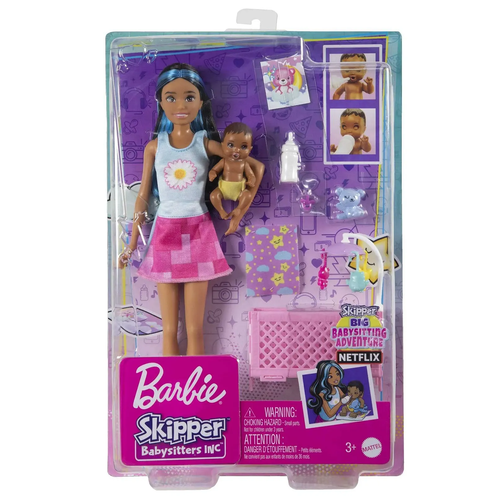 Кукла Barbie Skipper Big Babysitting Adventure Скиппер с черно-синими волосами, ребенок с каштановыми волосами, бутылочка, кроватка, аксессуары, включает 2 куклы, подарок для детей от 3 лет, HJY34, фото №6 Кукла Barbie Skipper Big Babysitting Adventure Скиппер с черно-синими волосами, ребенок с каштановыми волосами, бутылочка, кроватка, аксессуары, включает 2 куклы, подарок для детей от 3 лет, HJY34, фото №6
