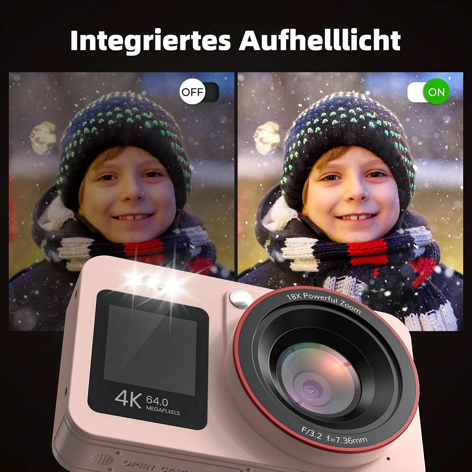 Цифрова фотокамера 4K 64MP Vlogging Compact Camera 18X Zoom для дітей та початківців 2 екрани 2 акумулятори 64GB SD Card Pink, фото №8