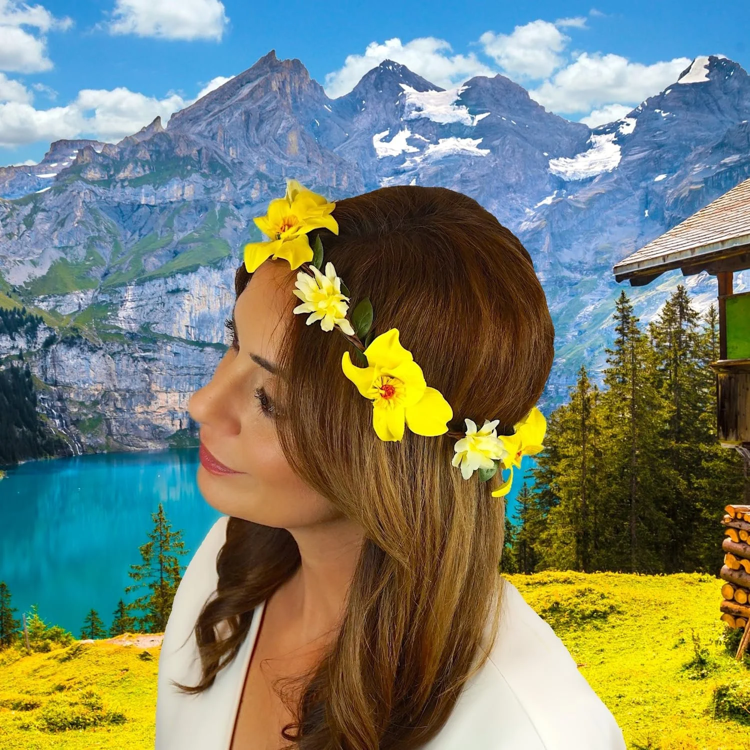 Вінок для волосся Квітка Sienna з жовтими квітами, атласні квіти 7 см Жовтий, фото №3