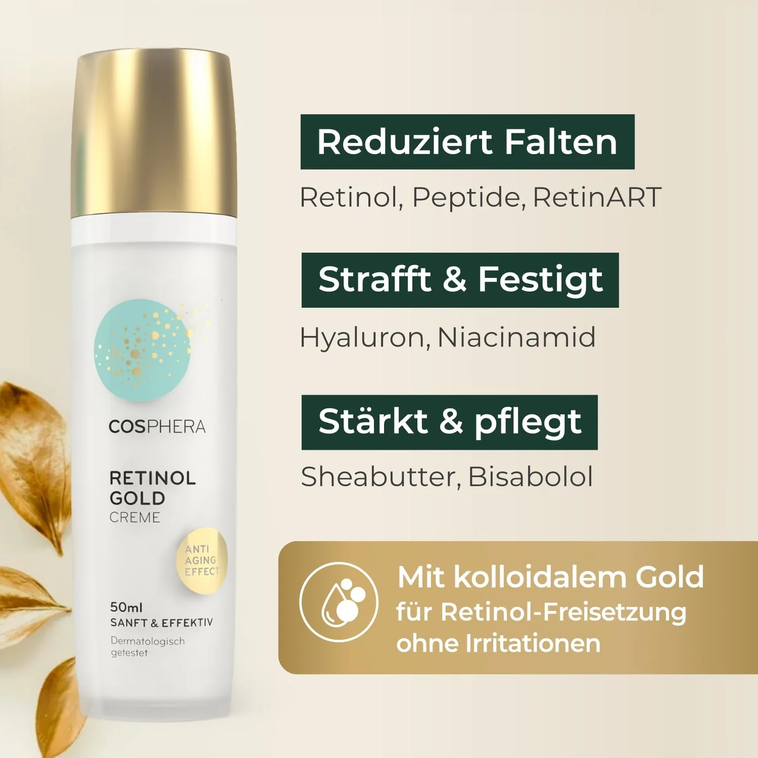 Крем для обличчя COSPHERA Retinol Cream проти зморшок з ретинолом, золотом та гіалуроновою кислотою Розкішний денний та нічний Веганський 50 мл, фото №3 Крем для обличчя COSPHERA Retinol Cream проти зморшок з ретинолом, золотом та гіалуроновою кислотою Розкішний денний та нічний Веганський 50 мл, фото №3