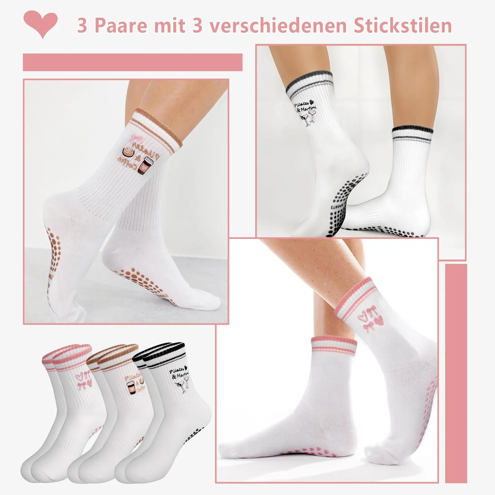 Носки для пилатеса Kaempe, нескользящие носки для женщин с пупырышками, 3 пары носков-стопперов, женские носки для йоги с милыми узорами, нескользящие носки, спортивные носки для йоги, балета, фитнеса, фото №5