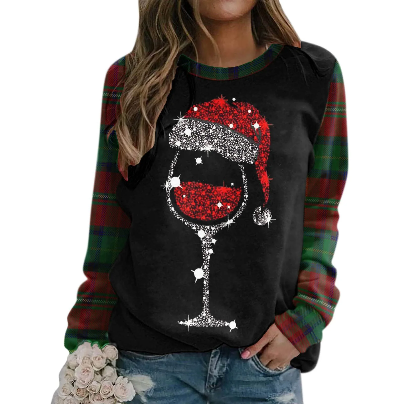 Смешной рождественский джемпер Женская рождественская толстовка Пуловер Рождественский длинный рукав Принт Рудольфа Северный олень Рождественская рубашка Топ Рождественская блузка Рождественский джемпер Круглый вырез Рождественский джемпер для девочек, фото №1