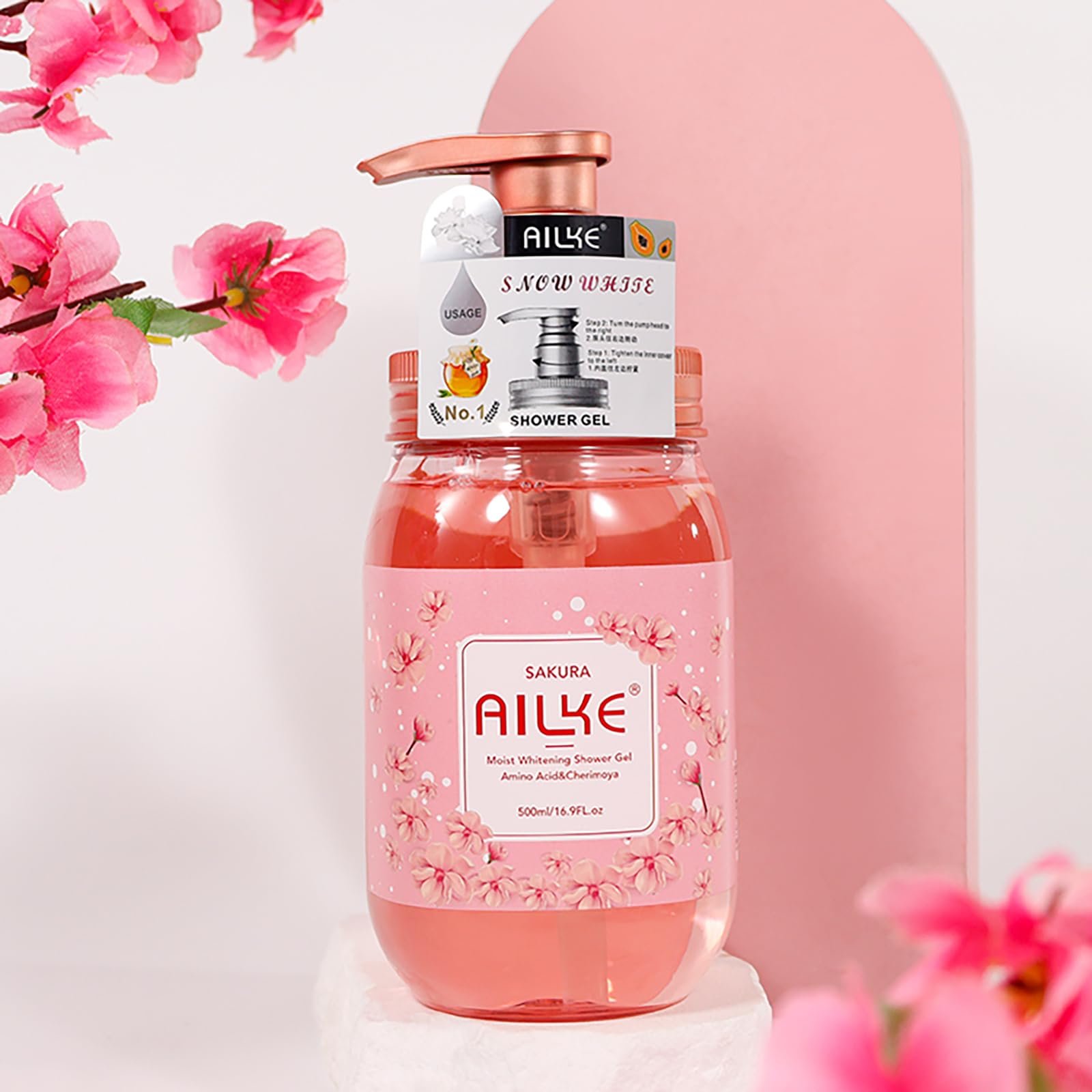 Гель для душу AILKE Sakura Moist Whitening зволожуючий відбілюючий 500 мл, фото №7 Гель для душу AILKE Sakura Moist Whitening зволожуючий відбілюючий 500 мл, фото №7