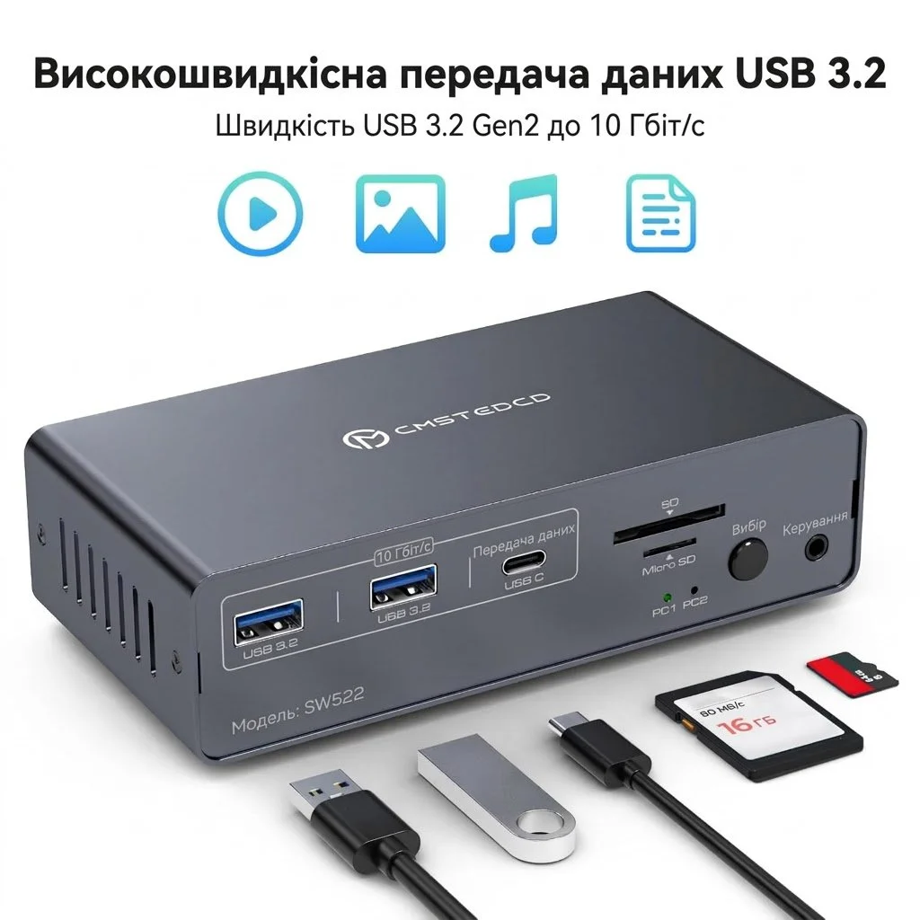 KVM-перемикач TJCXELE 2 PC 2 Monitors / USB-C / HDMI / DisplayPort / 4K 120Hz / 13-in-1, фото №2