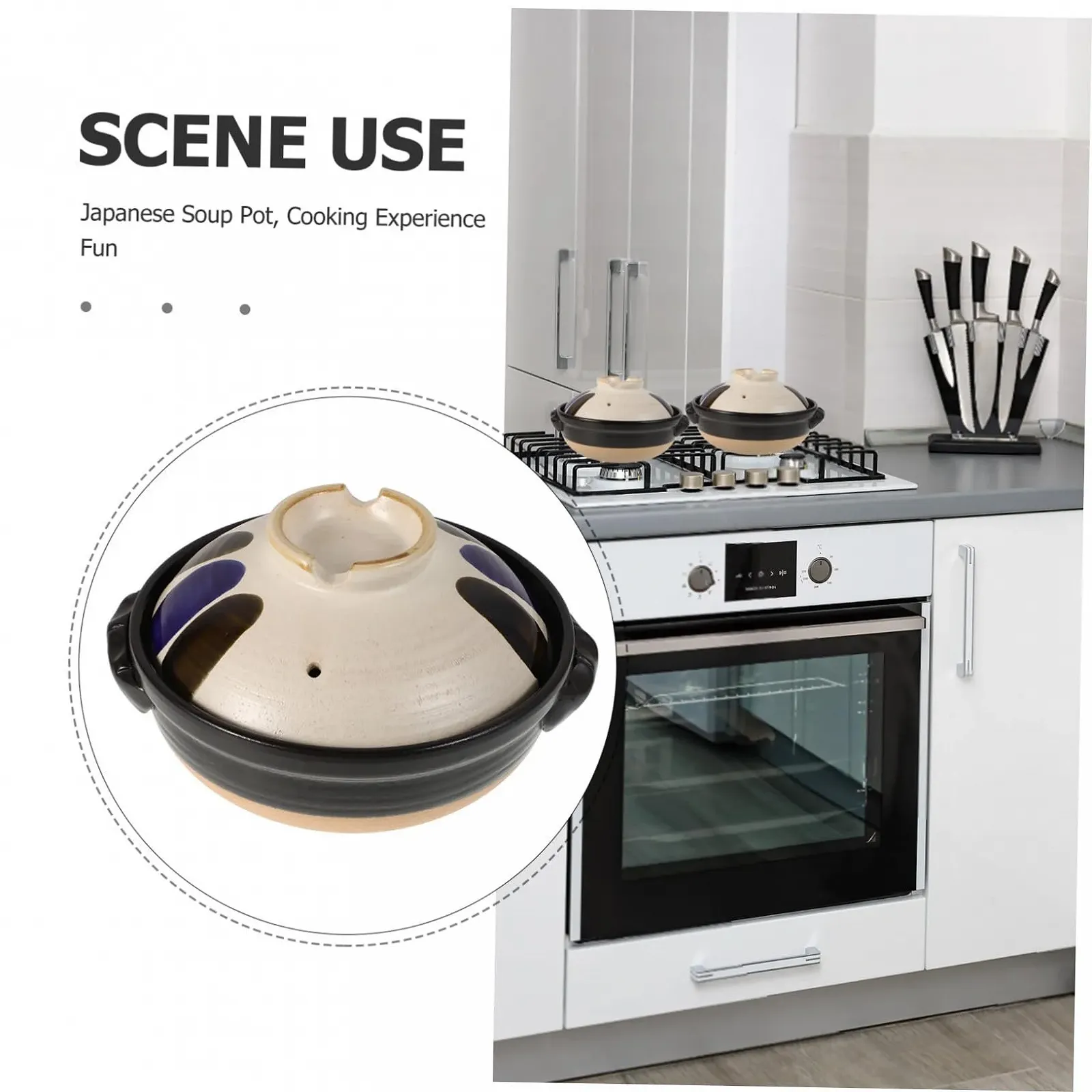 Горшок для запекания керамический японский с крышкой и двумя ручками термостойкий для риса и супов, фото №3