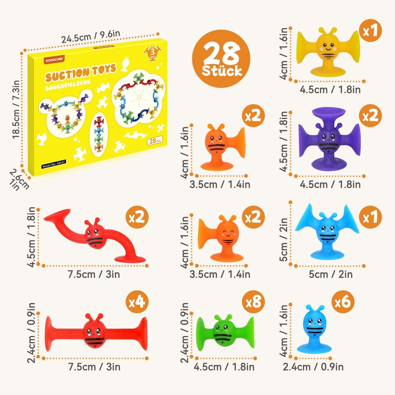 Игрушки на присосках ECHOCUBE 28 штук Силиконовые для ванны Сенсорна, фото №6