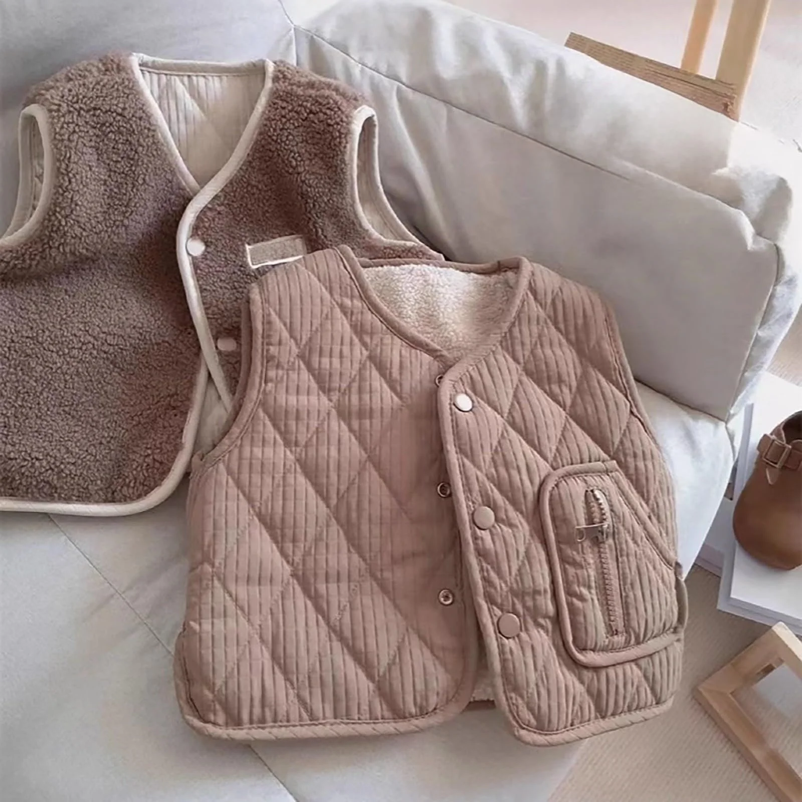 Жилет стеганый детский Однотонный Флисовый жилет Повседневный Без рукавов Переходной жилет на пуговицах с карманами Теплый Зимний жилет Легкий жилет для верховой езды, фото №6