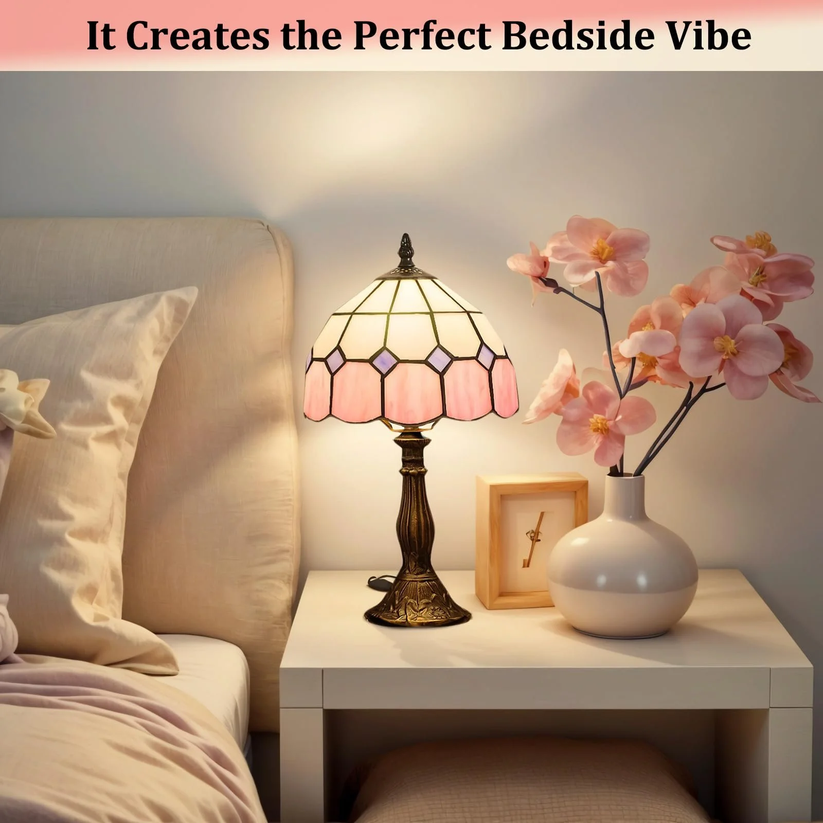 Настільна лампа Kinbolas Tiffany Style Handmade Stained Glass Art Deco E14 Pink 2, фото №2