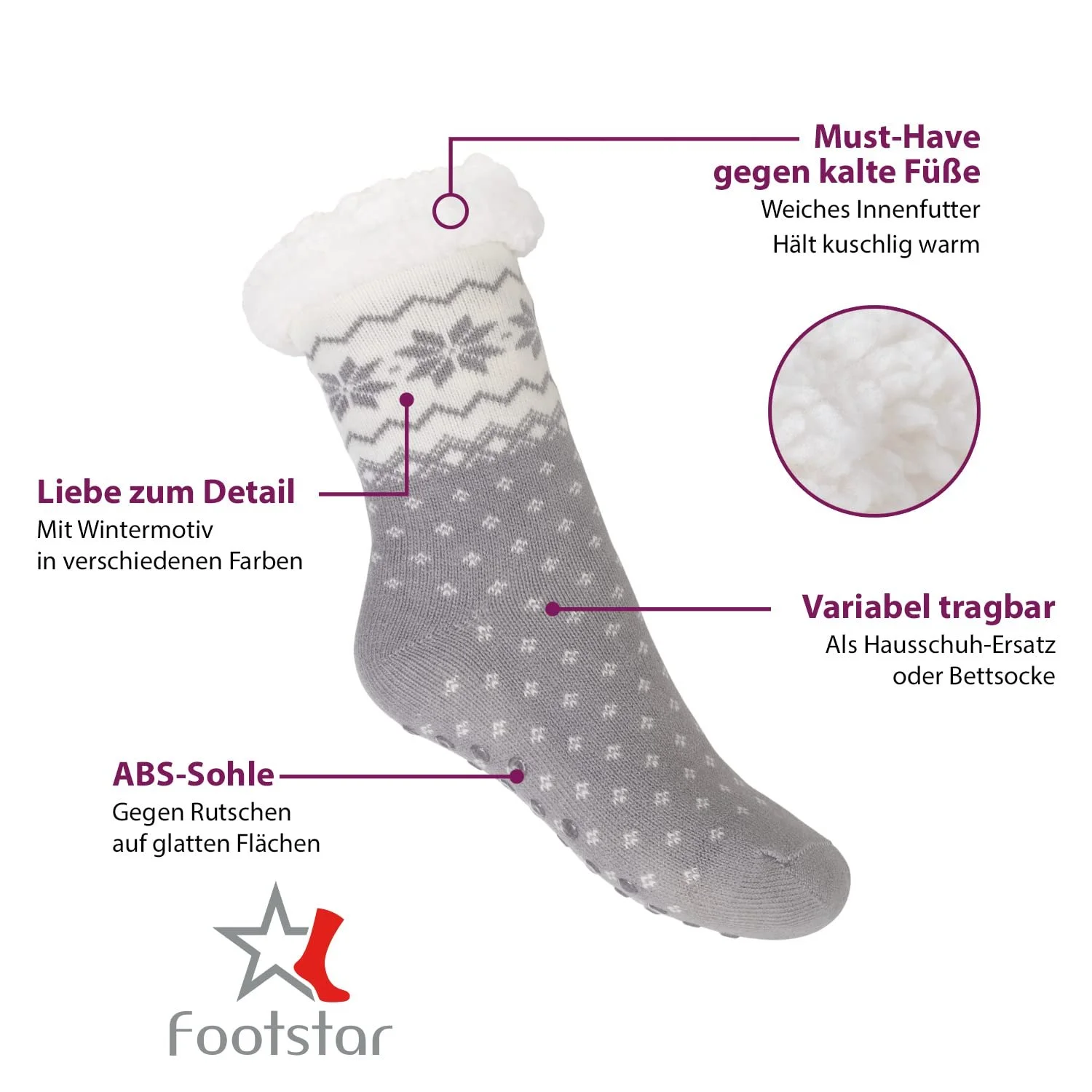 Шкарпетки-капці зимові Footstar для жінок та чоловіків (1 або 2 пари) Cuddly Socks, фото №3