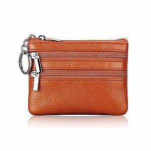 Кошелек Женский из кожи, мини-кошелек, кошелек для мелочи с брелоком, коричневый - Фото 1