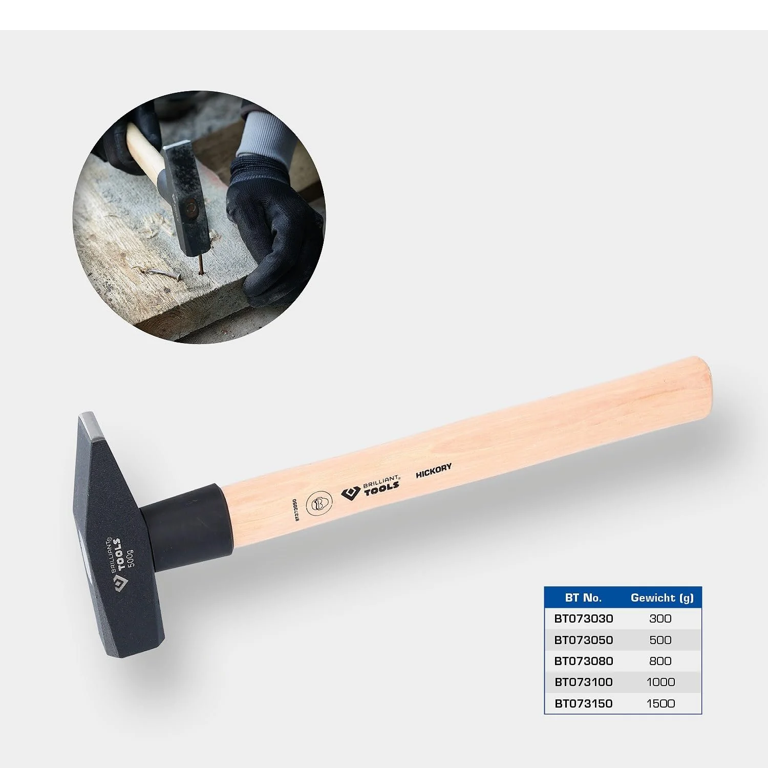 Слесарный молоток BRILLIANT TOOLS BT073050 500 г с рукояткой из гикори, фото №2 Слесарный молоток BRILLIANT TOOLS BT073050 500 г с рукояткой из гикори, фото №2