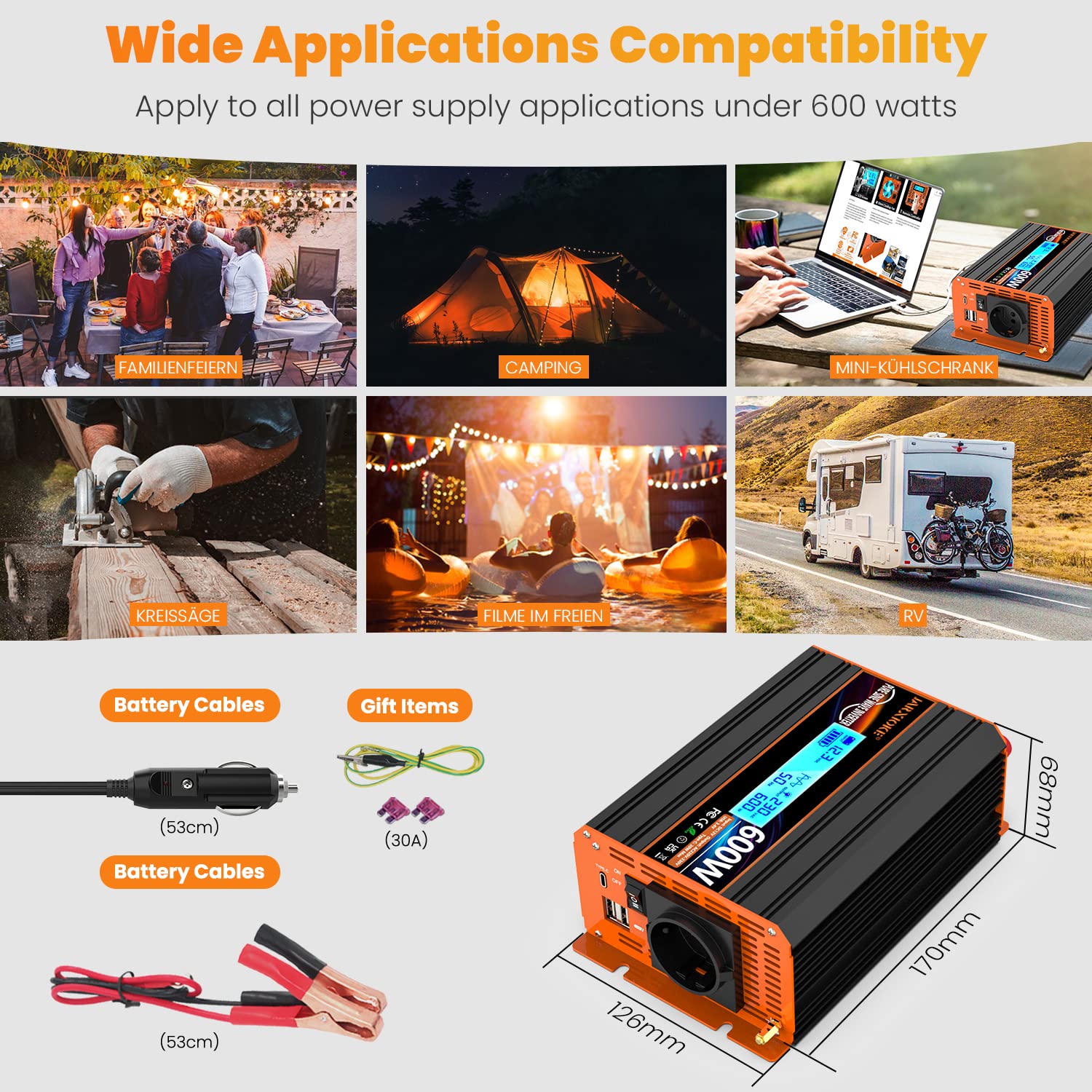 Инвертор Pure Sine Wave 600 Вт 12 В до 230 В с розеткой EU LCD дисплей, фото №6