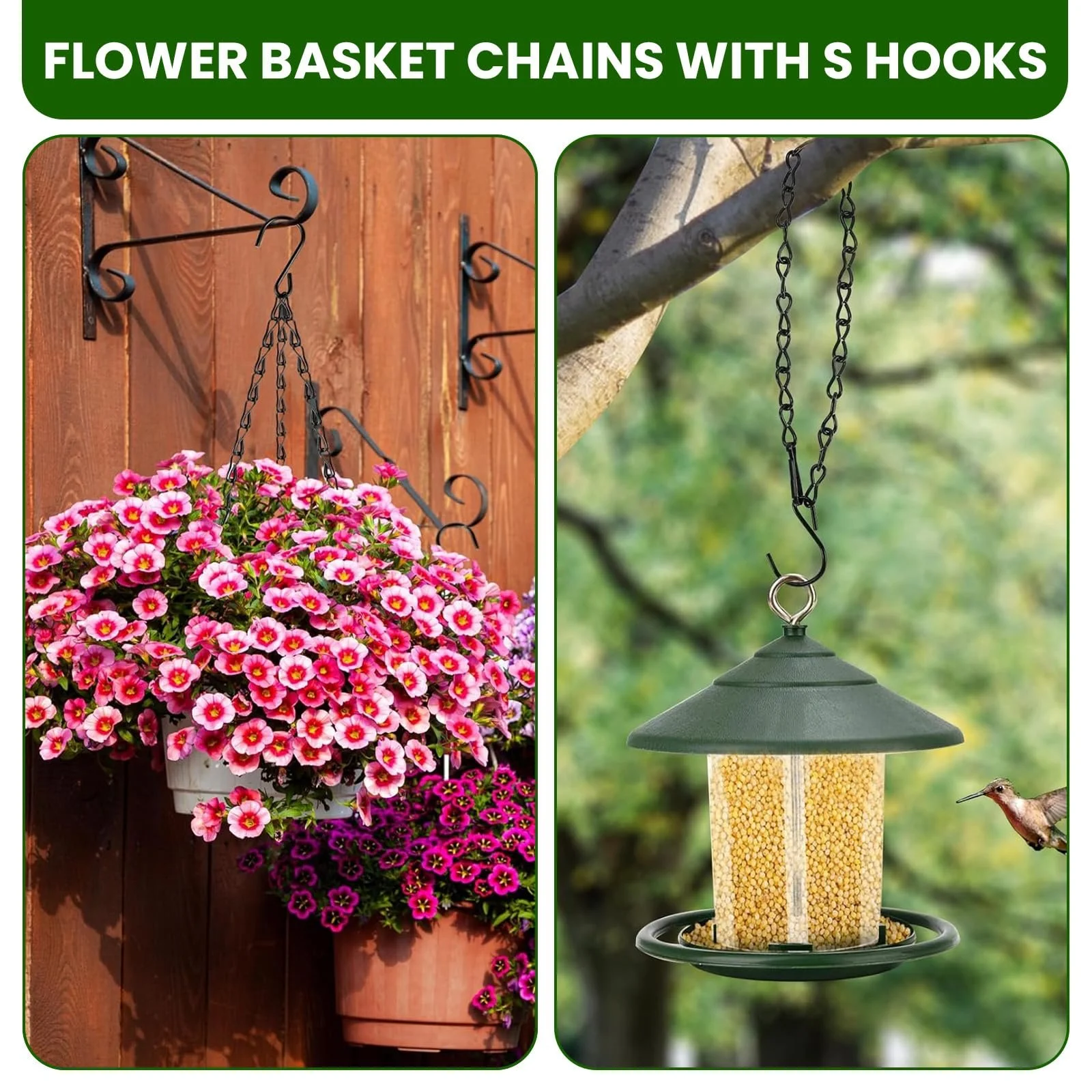 Подвесные цепи для корзин и вазонов с S-образными крючками и карабинами металлические 5 шт Черные, фото №2