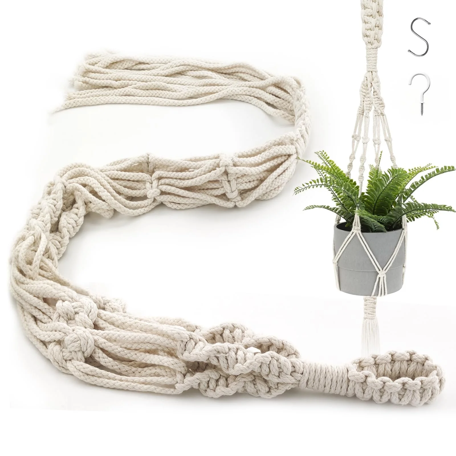 Підвісне макраме-кашпо для рослин Бавовна Бежевий з китицями та гачками, фото №1 Підвісне макраме-кашпо для рослин Бавовна Бежевий з китицями та гачками, фото №1