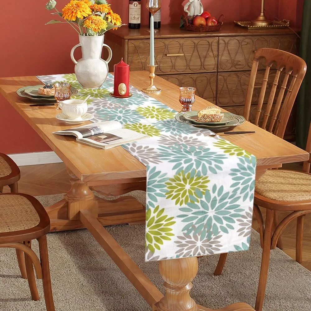 Доріжка на стіл Dahlias Boho Linen 140 x 40 см зелено-сіра, фото №4