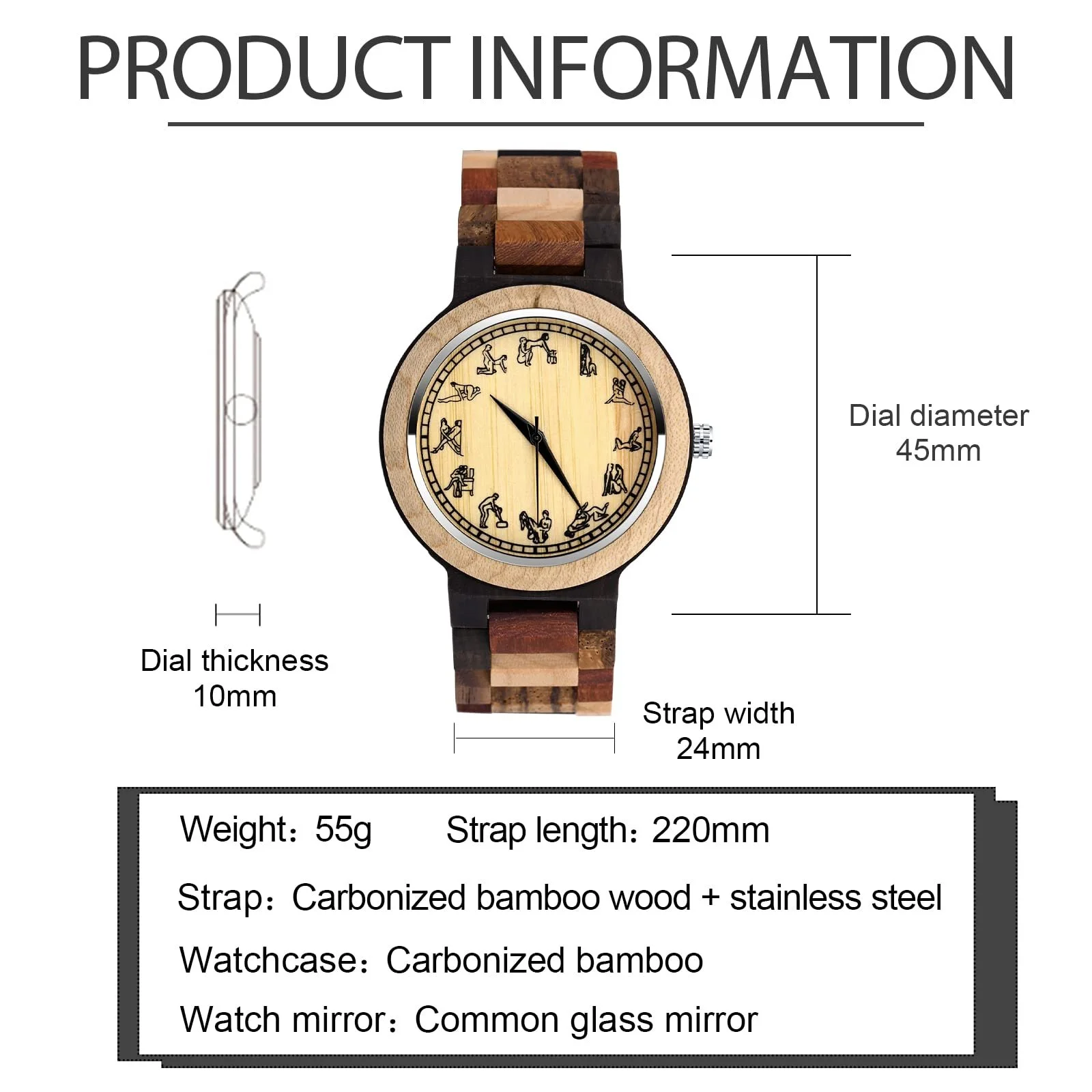 Деревянные часы SUPBRO Классические деревянные часы для мужчин Аналоговые часы Регулируемый ремешок Деревянный браслет для мужчин, фото №2