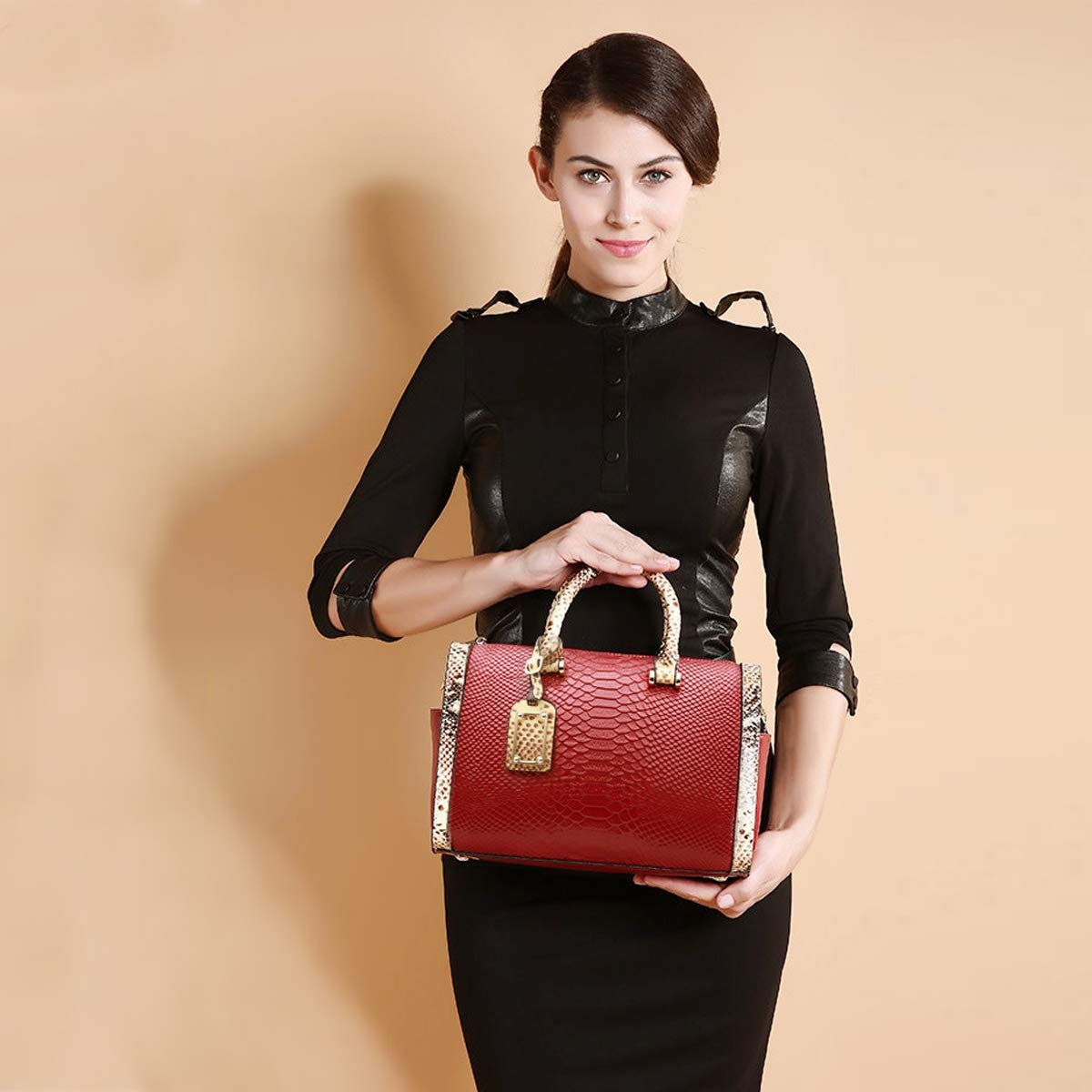 Сумка с ручкой сверху NICOLE & DORIS, кожаная, винтажная, с тиснением под крокодила, винно-красная, фото №2