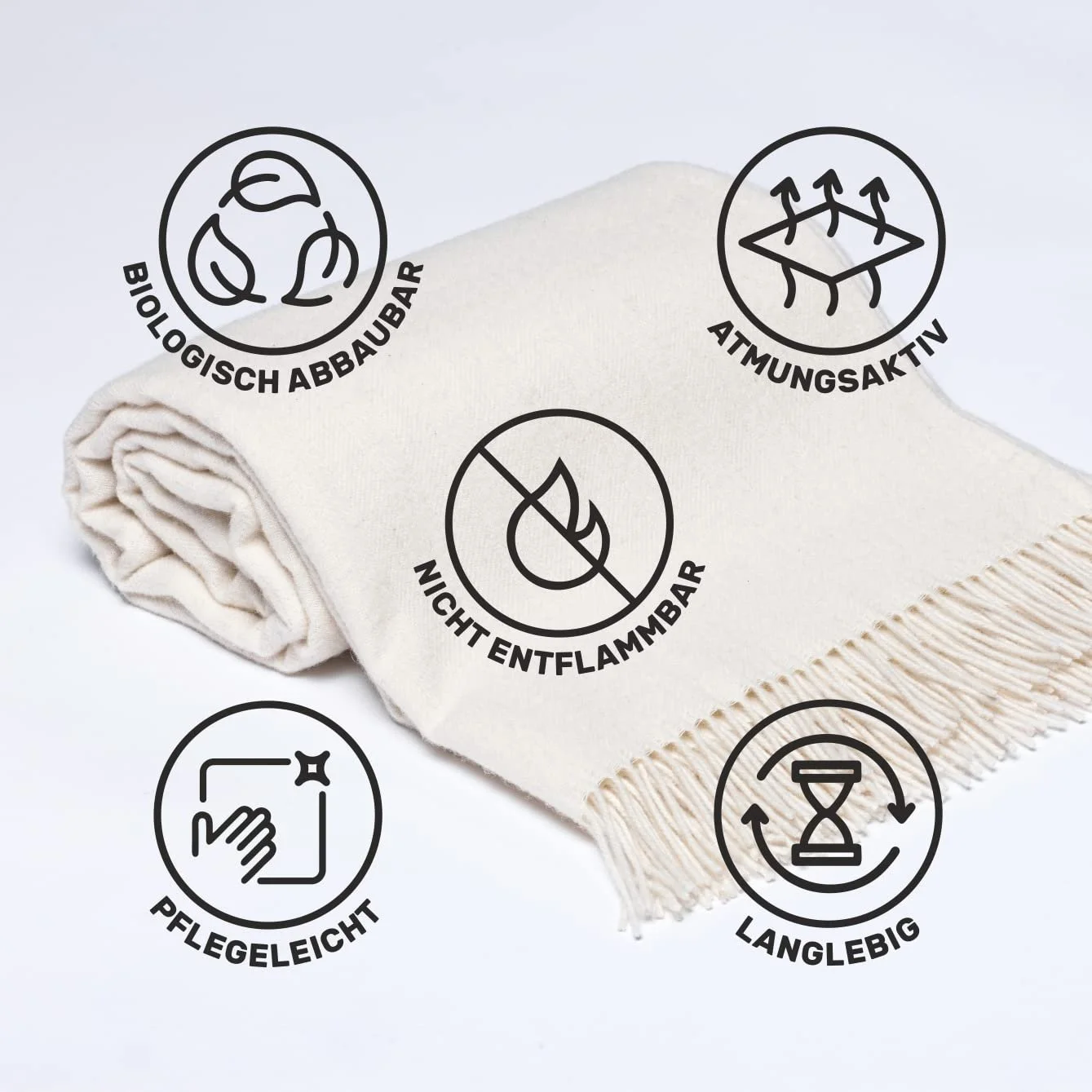 Одеяло Drobė HOME шерстяное из 100% чистой шерсти мериноса, 140 x 200 см, мохово-зеленый/белый, мягкое, однотонное одеяло из чистой шерсти с рисунком елочкой и бахромой, фото №3