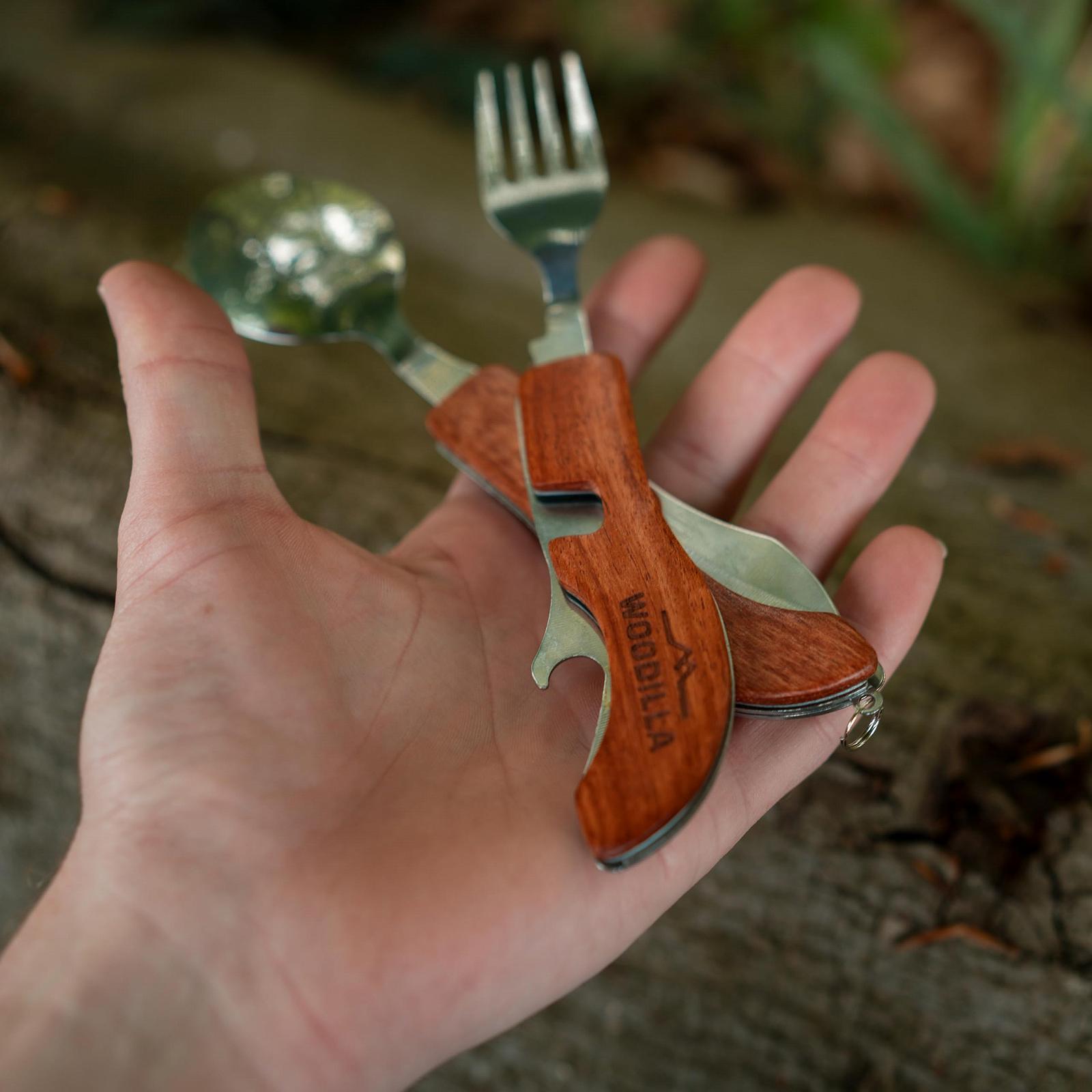 Набір столових приборів Woodilla Outdoor, складні, з нержавіючої сталі та дерева, ніж, виделка, ложка, відкривачка для пляшок, 4 в 1, коричневий та срібний, фото №5