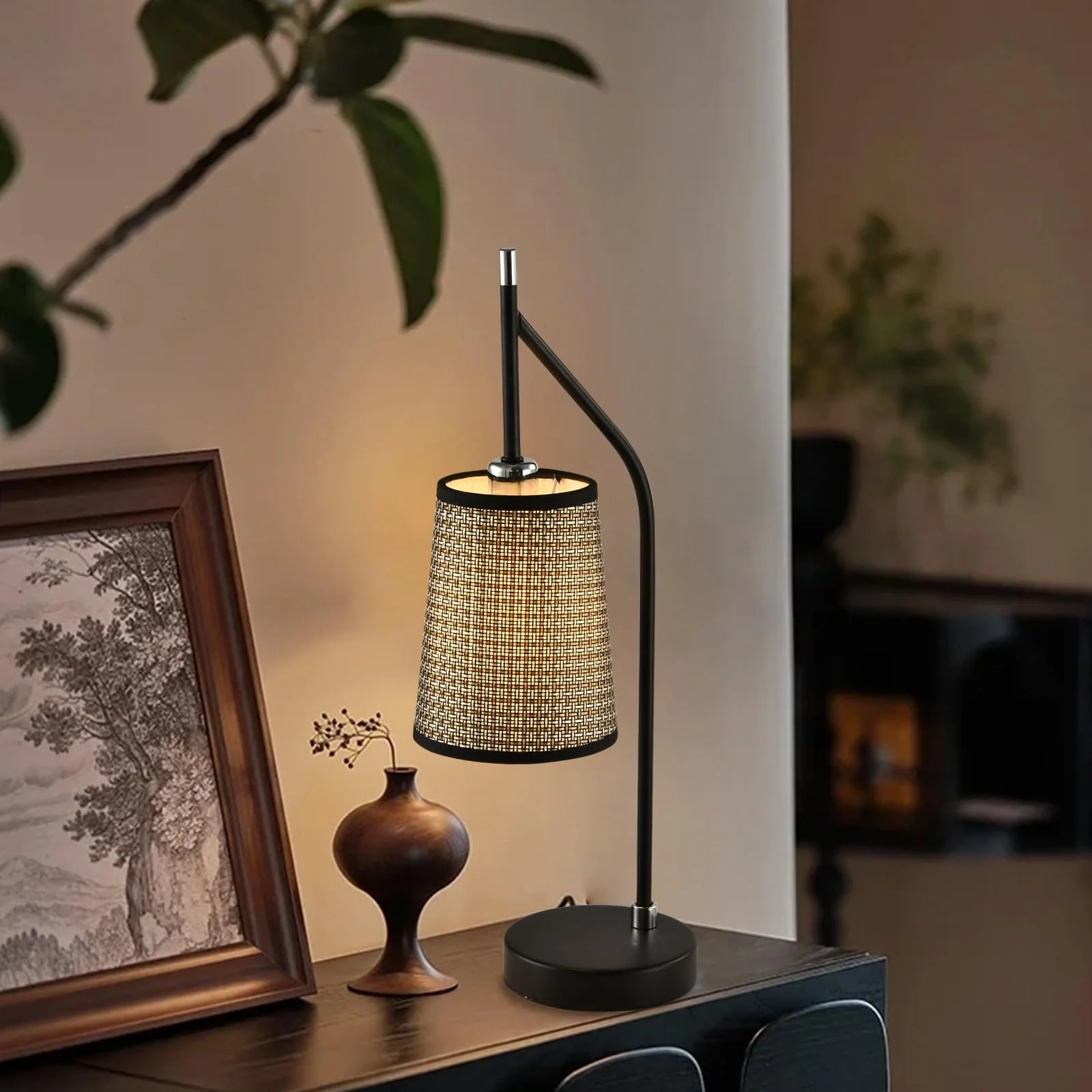Настільна лампа LQWELL Retro Vintage E14 метал бежева тканинна кришка чорна з золотом, фото №8