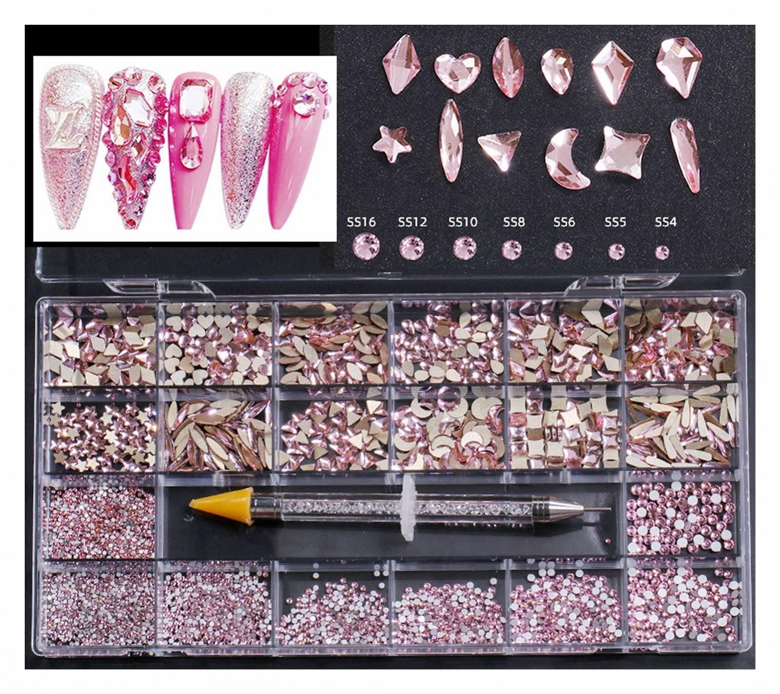 Стрази для нігтів Yaoqijie 2500 штрозкішні блискучі діаманти, скло, 1 пінцет для підбору в сітчастій коробці, 21 форма, рожевий колір, 2500 штук, фото №1