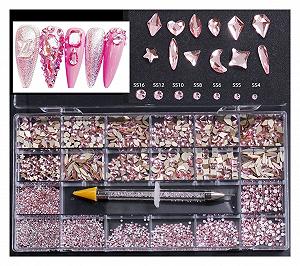 Стрази для нігтів Yaoqijie 2500 штрозкішні блискучі діаманти, скло, 1 пінцет для підбору в сітчастій коробці, 21 форма, рожевий колір, 2500 штук - Фото 1