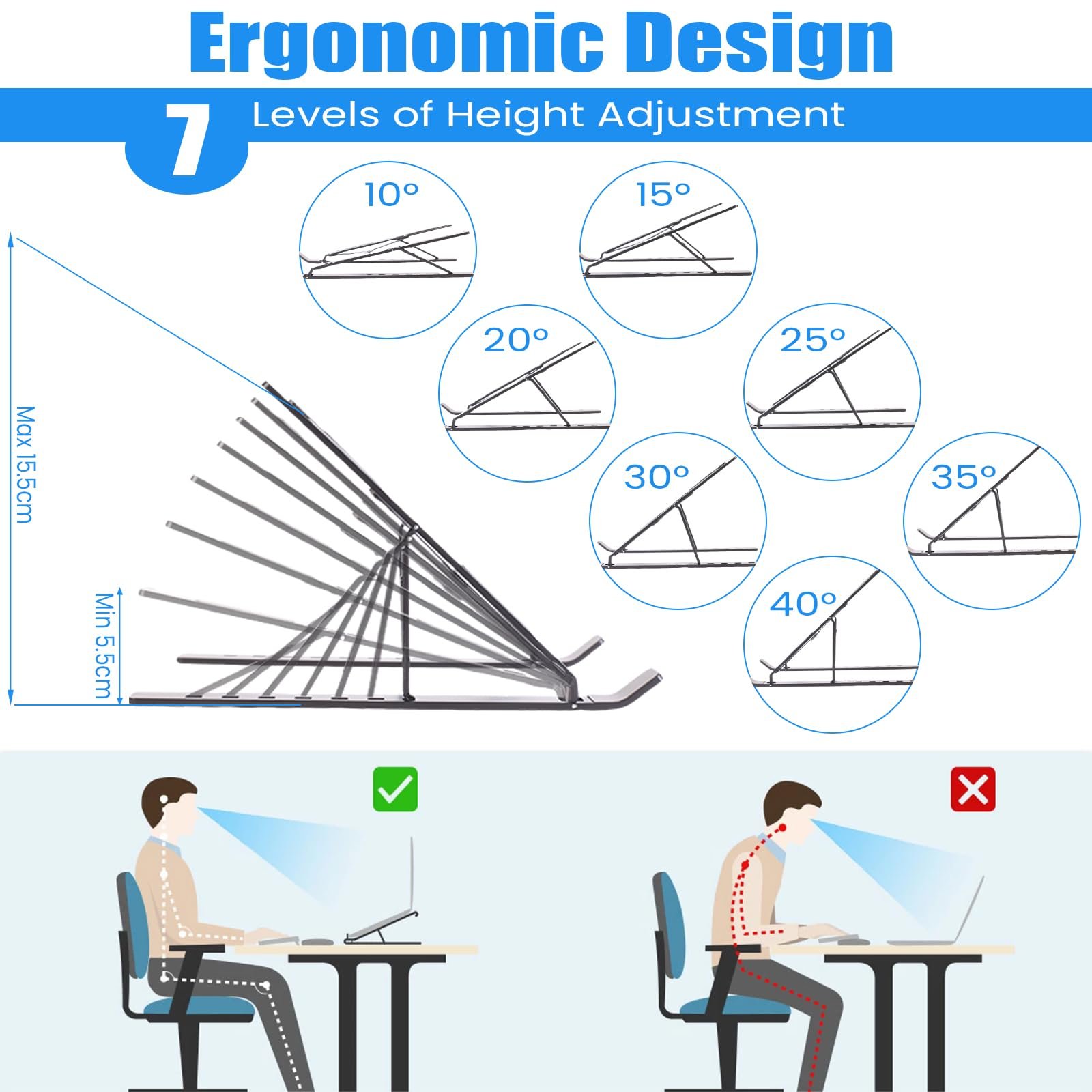 Подставка для ноутбука, складная подставка для ноутбука, регулируемая по высоте подставка для ноутбука из алюминиевого сплава, вентилируемая охлаждающая подставка для ноутбука, легкая, нескользящая, портативная для всех ноутбуков 10-16 дюймов (черный), фото №2