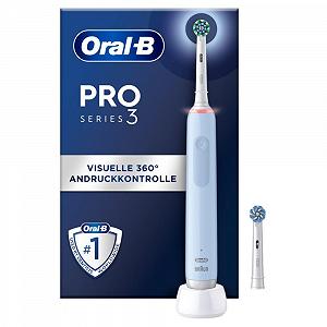 Електрична зубна щітка Oral-B PRO 3 3000, 2 змінні насадки CrossAction, 3 режими чищення, візуальний контроль тиску 360°, синя - Фото 1