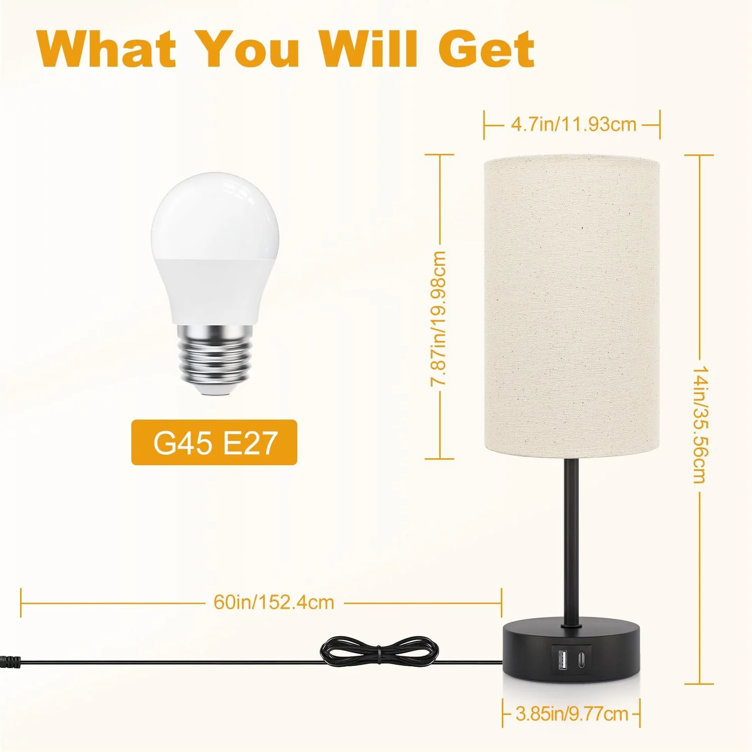 Настільна лампа Touch Dimmable USB A+C Linen Lampshade, фото №9