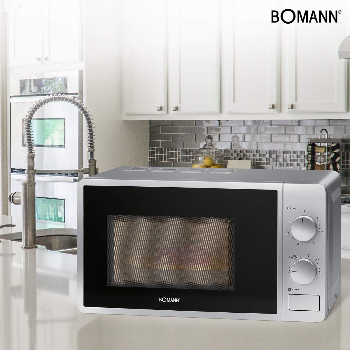 Микроволновая печь Bomann MW 6014 CB 700 Вт 6 уровней Рабочая камера 20 л Поворотный стол 360° Таймер с сигналом окончания Серебристая, фото №7
