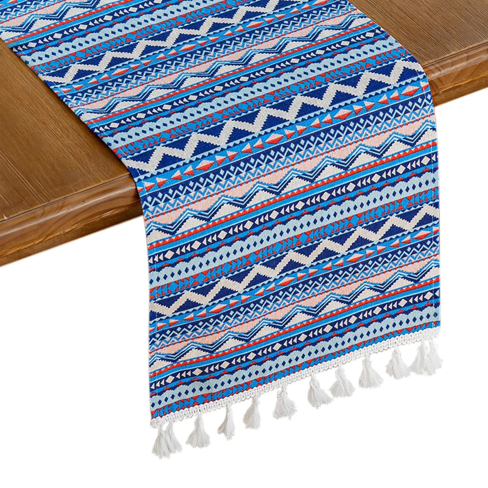 Столова доріжка Boho 180 x 30 см що миється Геометрія з китицями Блакитна, фото №1 Столова доріжка Boho 180 x 30 см що миється Геометрія з китицями Блакитна, фото №1