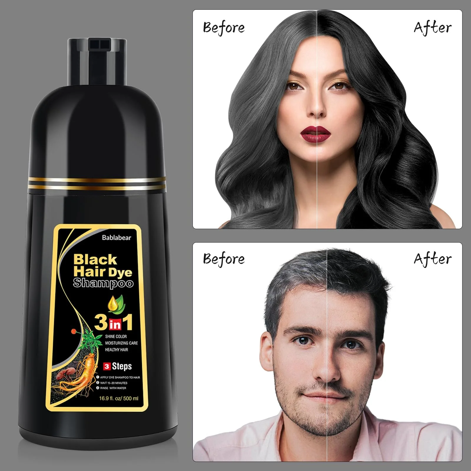 Шампунь для окрашивания волос Bablabear Black, для мужчин и женщин, для седых волос, 3 в 1, для сухих волос, 500 мл, фото №5