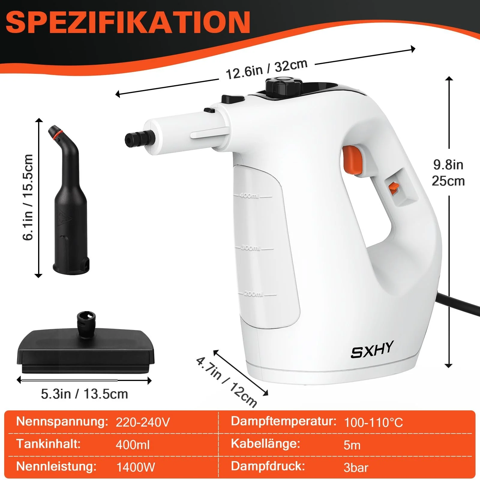 Ручний пароочисник SXHY Portable, багатоцільовий, прозорий резервуар для води, набір аксесуарів з 11 предметів для дивана, душу, оббивки, фото №8