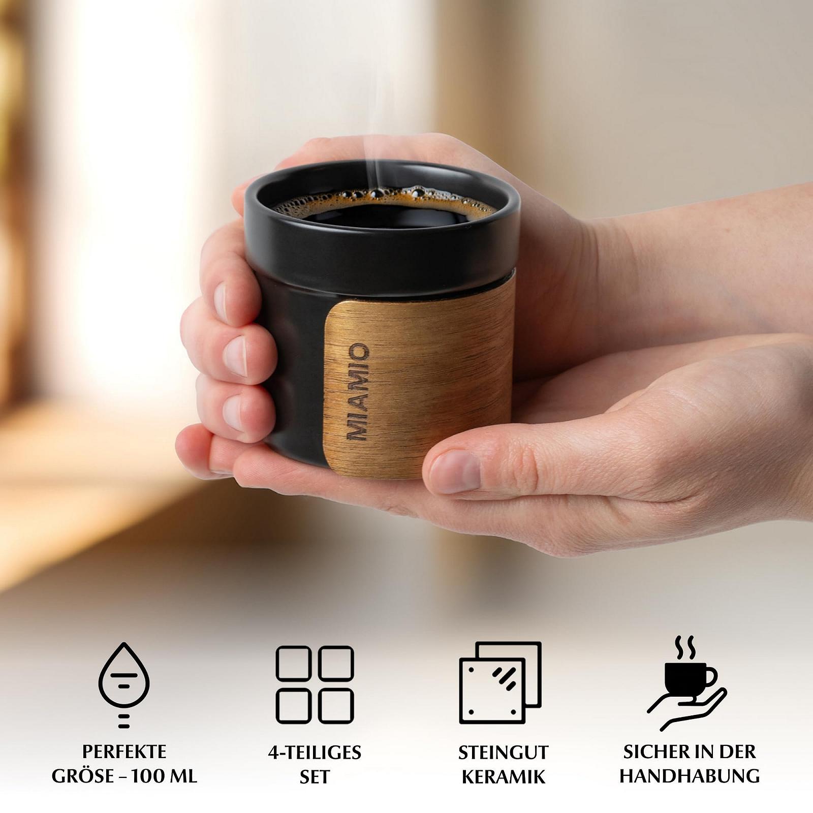 Эспрессо Чашки MIAMIO Набор 4 шт (100 мл) со съемной деревянной манжетой, керамические чашки без ручки, чашки для мокко/кофе, набор чашек для эспрессо (черный), фото №5