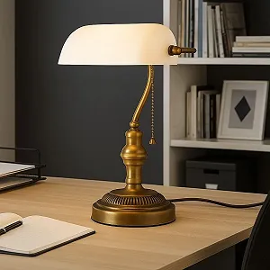 Настільна лампа BarcelonaLED Vintage Notary Style Banker Латунь Мідь Біле скло E27 Ланцюговий вимикач synthetic.ua - Фото 1